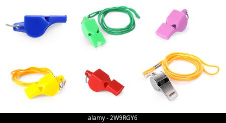 Different colourful whistles with cords isolated on white, set Stock Photo