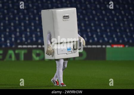 The Ideal Heating mascot ‘Boiler Man’ during the Sky Bet Championship match West Bromwich Albion vs Leeds United at The Hawthorns, West Bromwich, United Kingdom, 29th December 2023  (Photo by Gareth Evans/News Images) Stock Photo