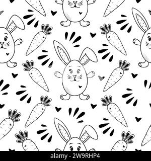 Cute rabbit and carrot, black and white seamless pattern Stock Vector