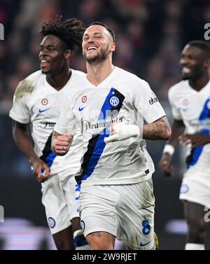 Genova, Italy. 29th Dec, 2023. FC Inter's Marko Arnautovic (R, front) celebrates his goal during the Italian Serie A football match between Genoa and FC Inter in Genova, Italy, Dec. 29, 2023. Credit: Augusto Casasoli/Xinhua/Alamy Live News Stock Photo