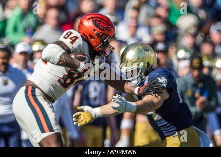 El Paso, Texas, USA. 29th Dec, 2023. Oregon State Beavers tight end Jermaine Terry II (84) stiff arms Notre Dame Fighting Irish linebacker Jack Kiser (24) during the NCAA football game in the 90th annual Tony the Tiger Sun Bowl between the Oregon State Beavers and the Notre Dame Fighting Irish at Sun Bowl Stadium in El Paso, Texas. Notre Dame defeated Oregon State 40-8. Prentice C. James/CSM (Credit Image: © Prentice C. James/Cal Sport Media). Credit: csm/Alamy Live News Stock Photo