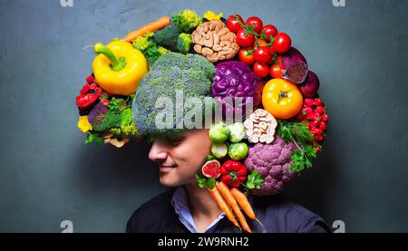 Human brain made of variety of colorful vegetables, concept of vegetarian, vegan, healthy nutrition Stock Photo