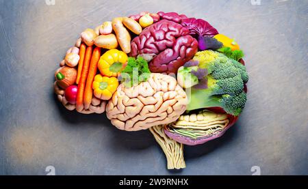 Human brain made of variety of colorful vegetables, concept of vegetarian, vegan, healthy nutrition Stock Photo