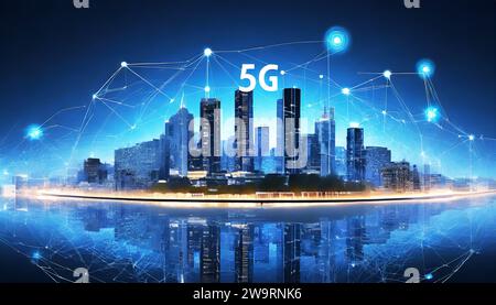 Smart city on a dark blue background, featuring intelligent infrastructure and connected buildings. This futuristic cityscape showcases IoT, 5G and AI Stock Photo