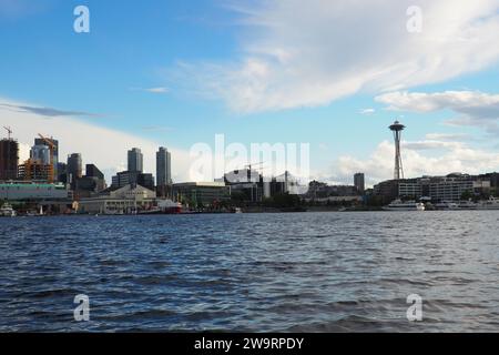 View of Seattle, WA from a boat on Lake Union on a sunny day, including South Lake Union, Queen Ann, and the Space Needle. Stock Photo