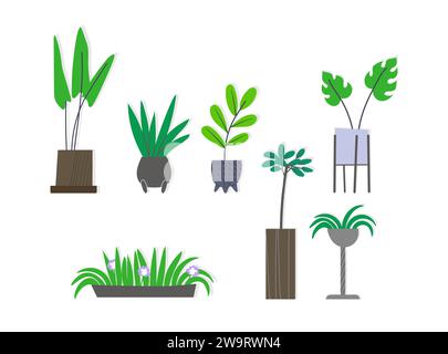 Set of house plants in pots green realistic hand drawn style. Stock Vector