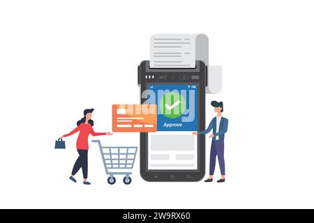 Woman shopping using debit credit card, making contactless payment vector illustration Stock Vector