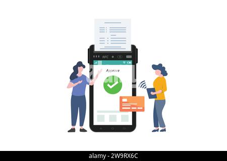 Woman making contactless payment with credit card, approved NFC machine payment. Vector illustration Stock Vector