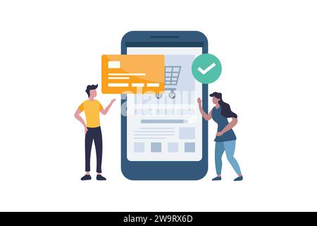 Man making contactless payment with debit credit card in online shop. Vector illustration Stock Vector