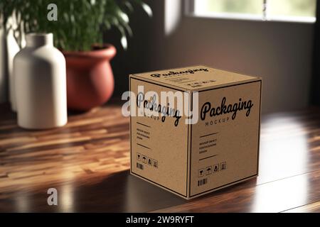 Product cubic box mockup - Realistic brown carton package with copy space Stock Photo