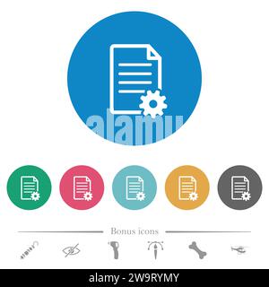Document setup flat white icons on round color backgrounds. 6 bonus icons included. Stock Vector