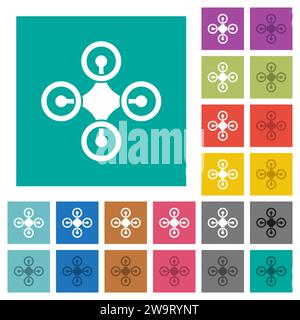 Drone top view solid multi colored flat icons on plain square backgrounds. Included white and darker icon variations for hover or active effects. Stock Vector
