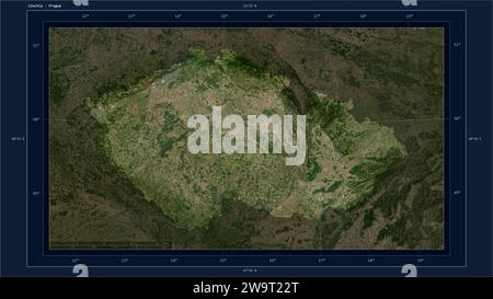 Czechia highlighted on a low resolution satellite map map with the country's capital point, cartographic grid, distance scale and map border coordinat Stock Photo