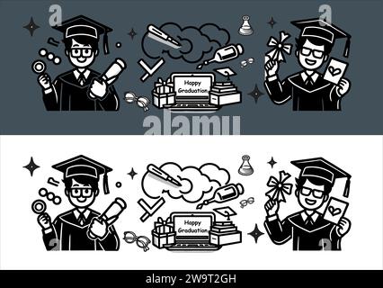 Vector of Diverse young students celebrating their graduation with diploma hat. set illustration doodle line art Stock Vector