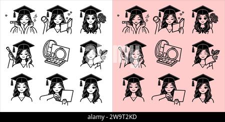 Vector of Diverse young students celebrating their graduation with diploma hat. set illustration doodle line art Stock Vector