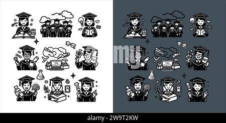 Vector of Diverse young students celebrating their graduation with diploma hat. set illustration doodle line art Stock Vector