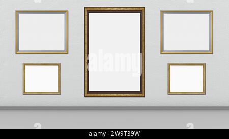 Frames, empty paintings on display on white wall. Five picture frames with empty space for inserting text or images. Frames in wood, silver and gold. Stock Photo