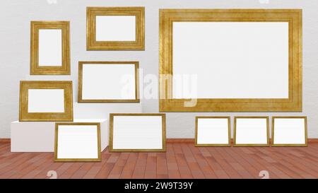 Frames, empty paintings on display on white wall. Ten frames with empty space for inserting text or images. Gold, gilded frames 3D illustration Stock Photo