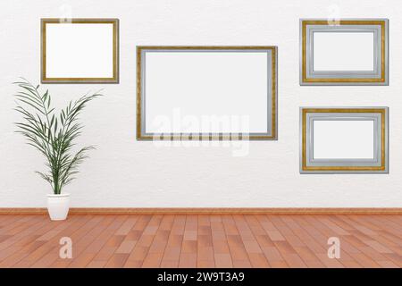 Frames, empty paintings on display on white wall. Eleven frames with empty space for inserting text or images. Silver and gold frames. 3D illustration Stock Photo