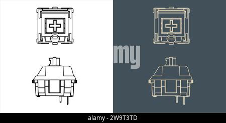 Mechanical Keyboard Switch wireframe blueprint vector illustration Stock Vector
