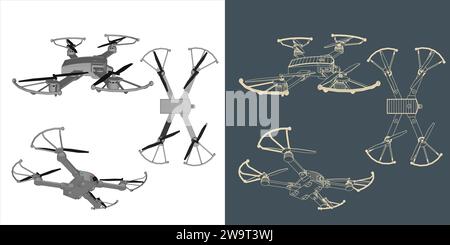 Vector drone or quadcopter line wireframe blueprint Stock Vector