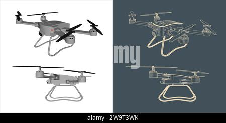 Vector drone or quadcopter line wireframe blueprint Stock Vector