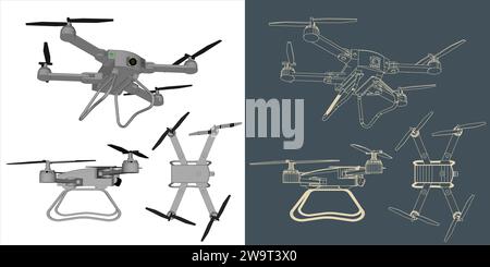 Vector drone or quadcopter line wireframe blueprint Stock Vector