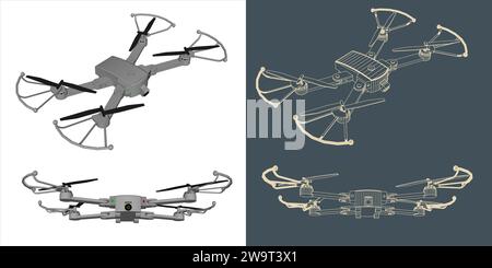 Vector drone or quadcopter line wireframe blueprint Stock Vector
