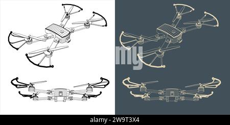 Vector drone or quadcopter line wireframe blueprint Stock Vector