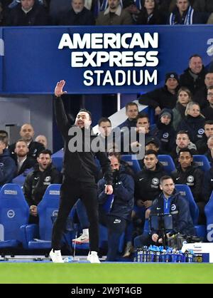 Brighton head coach Roberto De Zerbi during the Premier League match between Brighton and Hove Albion and Tottenham Hotspur at the American Express Stadium  , Brighton , UK - 28th December 2023 Photo Simon Dack / Telephoto Images  Editorial use only. No merchandising. For Football images FA and Premier League restrictions apply inc. no internet/mobile usage without FAPL license - for details contact Football Dataco Stock Photo