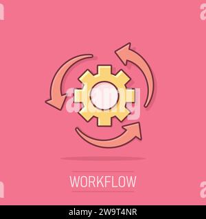 Workflow process icon in comic style. Gear cog wheel with arrows vector ...