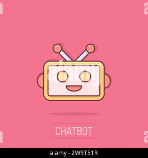 Cute robot chatbot icon in comic style. Bot operator vector cartoon illustration pictogram. Smart chatbot character business concept splash effect. Stock Vector