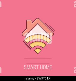 Smart home icon in comic style. House control vector cartoon illustration pictogram. Smart home business concept splash effect. Stock Vector