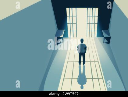break comfort zone concept, top view, man standing alone in a cage-prison room, light shining outdoor, anxiety mental, fear - grow challenge Stock Photo