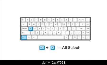 vector control CTRL A All select - keyboard shortcuts - windows with keyboard white and blue illustration and transparent background isolated Stock Vector