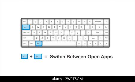 vector control alt tab switch between open apps - keyboard shortcuts - windows with keyboard white and blue illustration and transparent Stock Vector