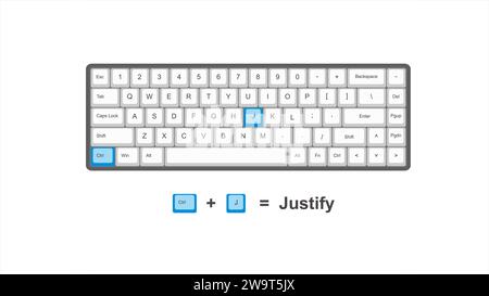 vector control + J  = Justify - keyboard shortcuts - windows with keyboard white and blue illustration and transparent background isolated Hotk Stock Vector