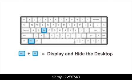 vector control win+ D = Display and hide desktop  - keyboard shortcuts - windows with keyboard white and blue illustration and transparent background Stock Vector