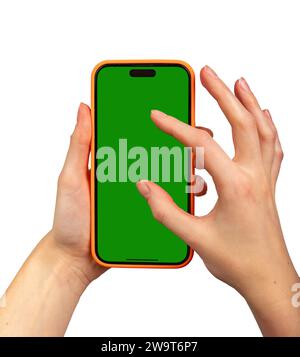 Berlin Germany December 27 2023 Mobile phone screen mockup in hand isolated on white. Fingers zooming blank display, enlarging picture Stock Photo