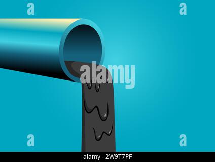 Vector illustration of pipe pouring out black liquid, concept for industrial waste and water pollution, dirty sewage from pipe, environmental pollutio Stock Vector