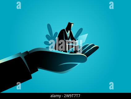 Vector illustration of a businessman working with laptop on giant hand, concept for comfortable and safety environment at work for employee Stock Vector