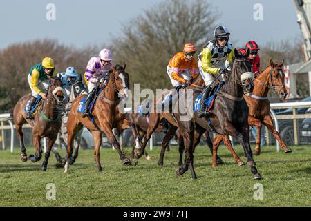 Petrossian leading the field at Wincanton. Running over hurdles under jockey Harry Cobden Stock Photo