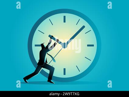Business concept vector illustration of businessman trying to stop time on giant clock Stock Vector