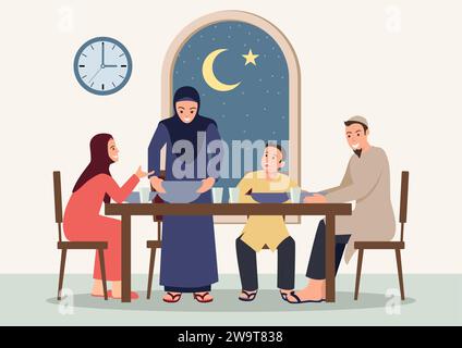 Simple flat vector illustration of Suhoor and Iftar with family during Ramadan month, happy fasting for moslem, Ramadan kareem and Eid Mubarak Stock Vector