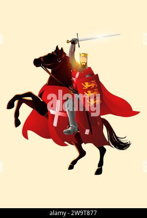 Vector illustration of King Richard the Lionheart holding a sword and shield on horseback Stock Vector