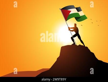 Silhouette of man figure holding the flag of Palestine on top of a mountain, vector illustration Stock Vector