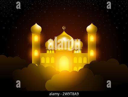 Glowing mosque on the sky, Islamic theme, Ramadan greeting card vector illustration Stock Vector