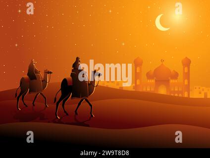 Vector illustration of two Arab men riding camels in the desert, night landscape for Ramadan and Islamic theme Stock Vector