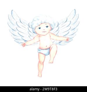 Cute charming Cupid, little angel or god Eros. Watercolor illustration, hand-drawn. Conceptual design for Valentine's Day and wedding. For postcards, Stock Photo