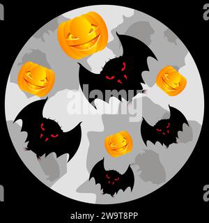 A flock of bats and pumpkins on the background of the moon. Halloween theme. Night black background. Vector illustration. Stock Vector